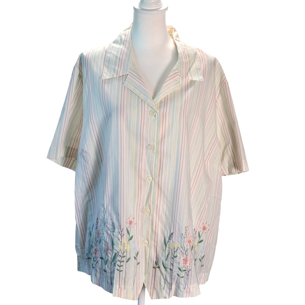 Alfred Dunner Embroidered Button Shirt Casual Summer Pastel Stripe Floral 24W
